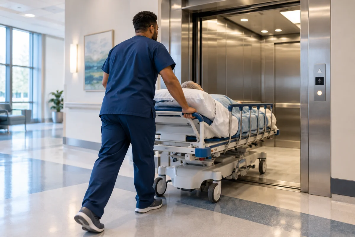Patient transporter in a hospital hallway pushing a stretcher toward an open elevator