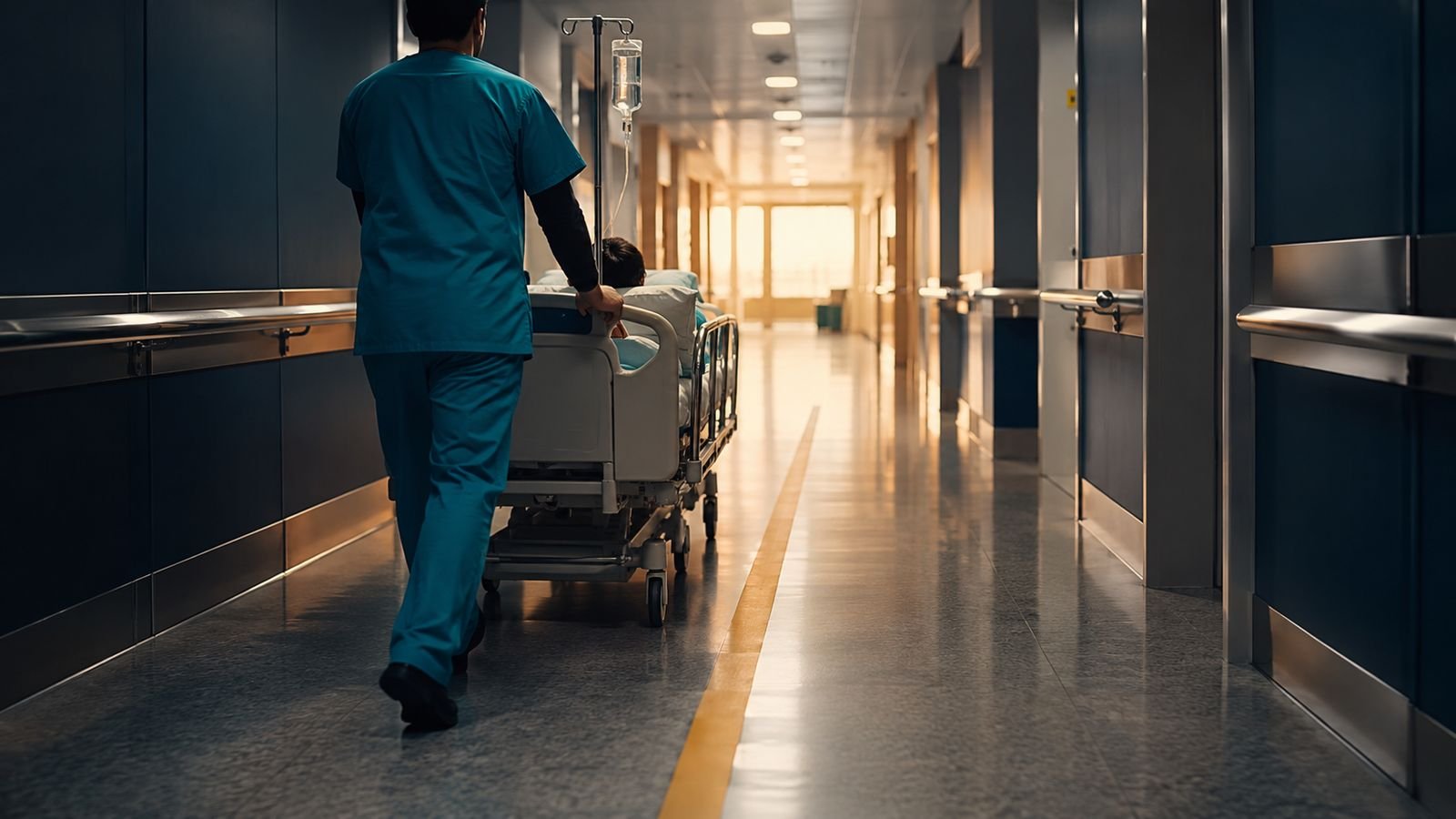 A healthcare transporter in teal scrubs pushes an occupied hospital bed with an IV pole down a corridor toward the light, following the gold wayfinding line on the floor