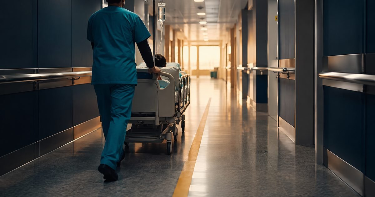Healthcare transporter and patient moving through a hospital hallway
